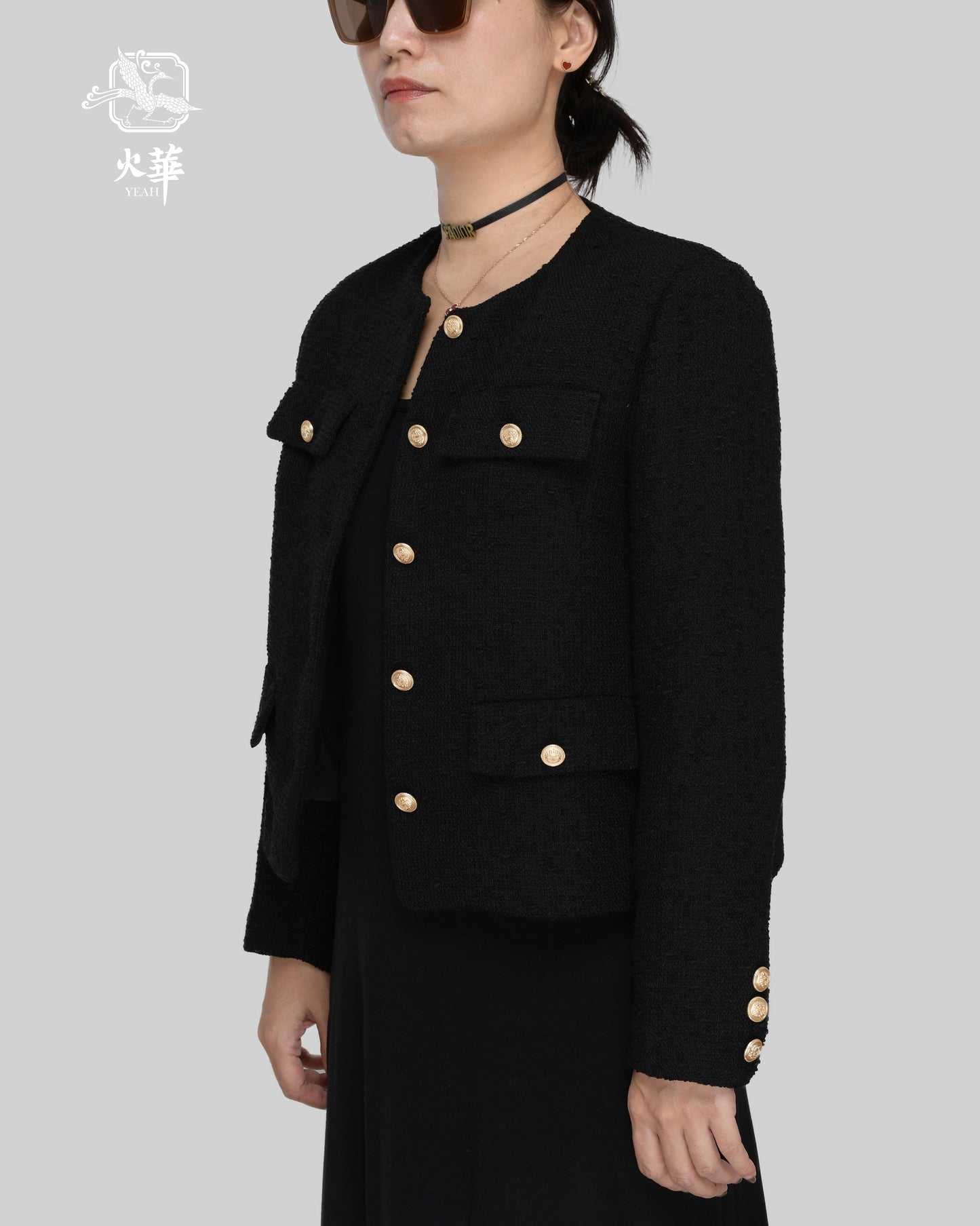 Gold button black jacket